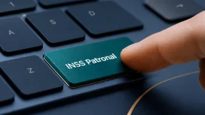 Tecla INSS Patronal em um teclado, representando a revisão da contribuição sobre a folha