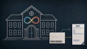 Ilustração de escola com símbolo da neurodiversidade, boleto com código de barras e declaração de IRPF.