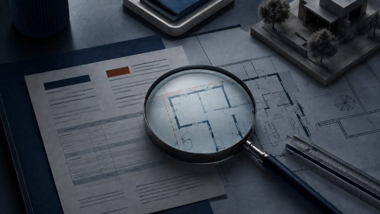 Planta de imóvel e documento cadastral sob uma lupa para analisar possível IPTU com metragem errada.