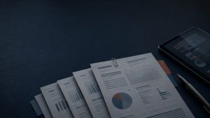Documentos e relatórios organizados em mesa azul-escura representam a análise das notícias tributárias da semana.