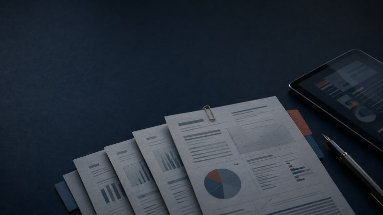 Documentos e relatórios organizados em mesa azul-escura representam a análise das notícias tributárias da semana.