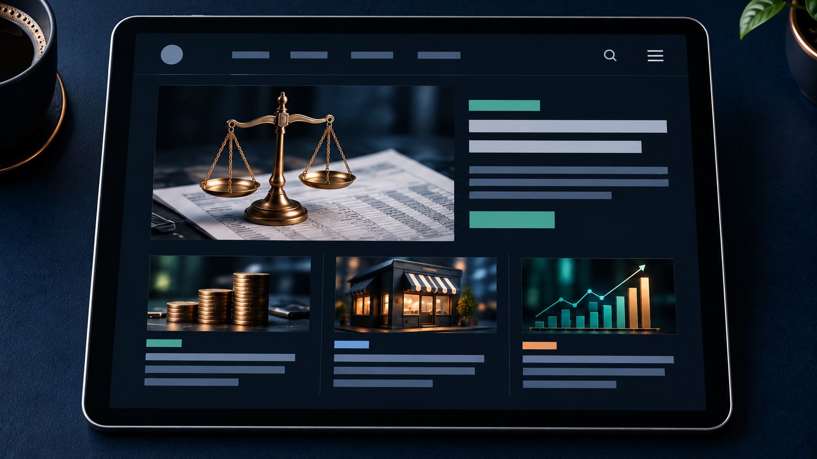 Tablet exibindo um portal de notícias tributárias em modo escuro