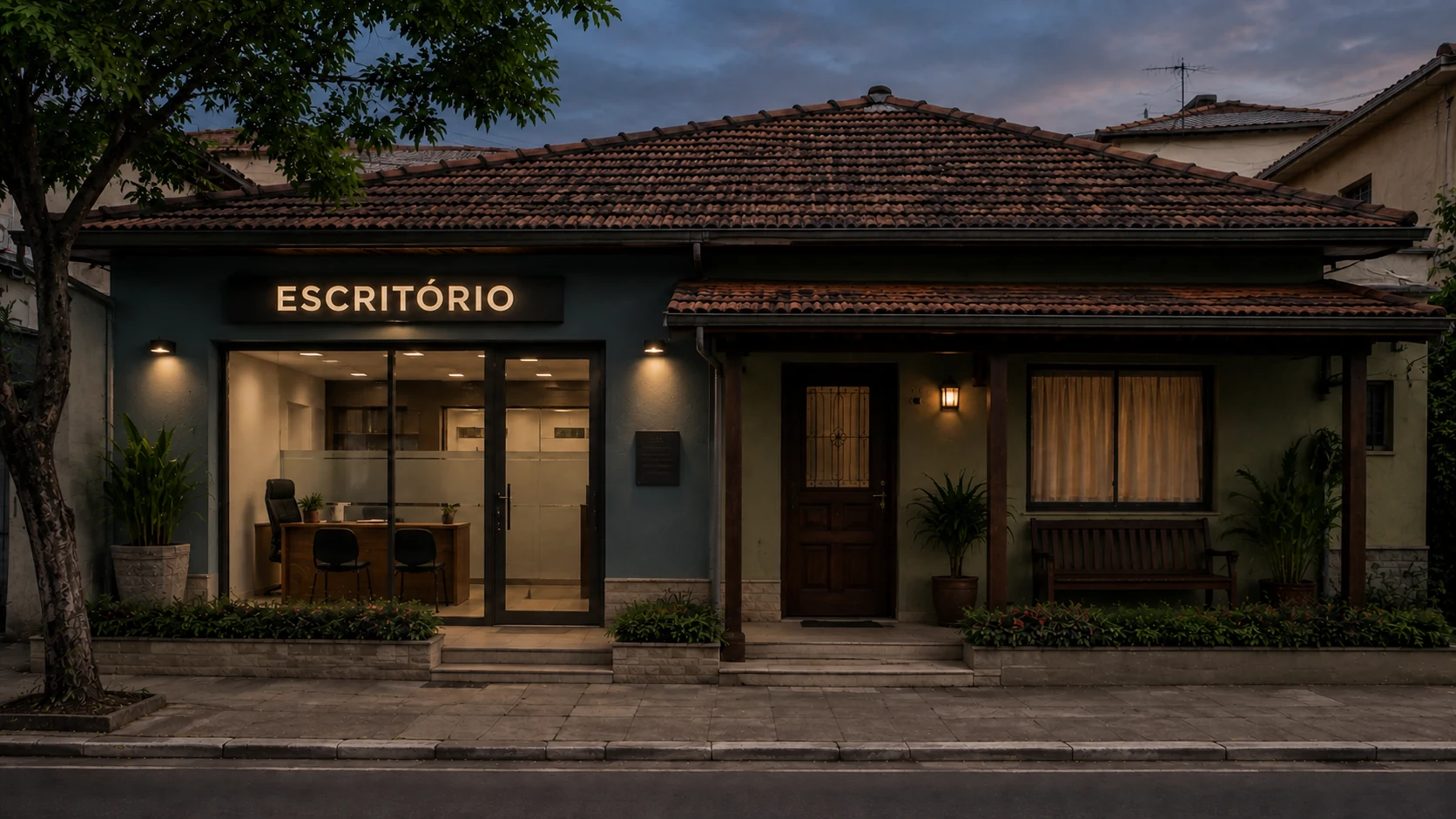 Fachada de imóvel com escritório à esquerda e residência com varanda à direita.